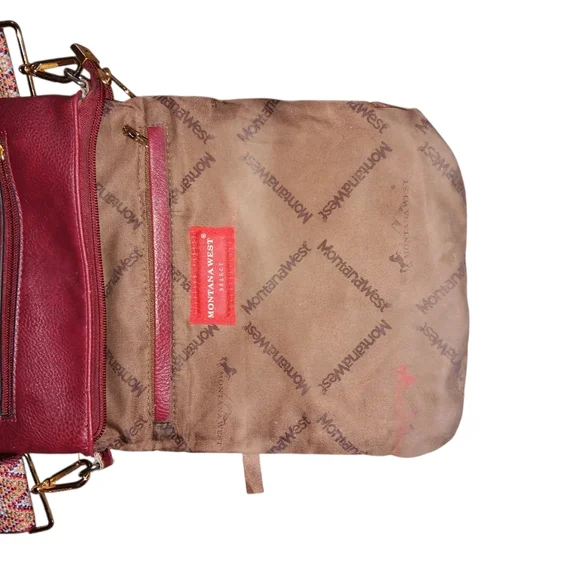 Montana West Crossbody Bag Western Strap Pockets Burgundy - Picture 7 of 11